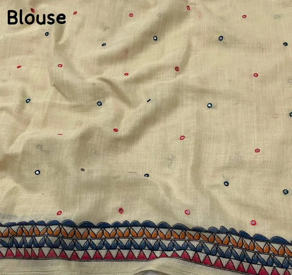 Ivory_White_Ivory_Madhubani_Style_Linen_Saree_With_Printed_Blouse_For_Women