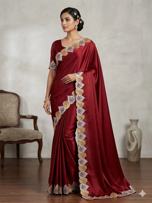 Maroon_Elegant_Saree_With_Embroidered_Floral_Border_For_Women