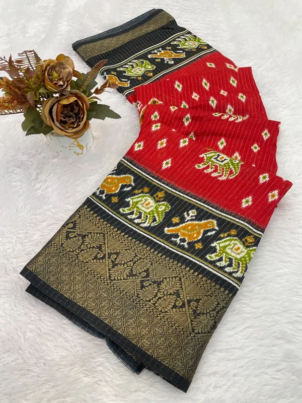 Red_And_Black_Traditional_Pochampally_Ikat_Cotton_Saree_With_Contrast_Border_And_Elephant_Motifs_For_Women