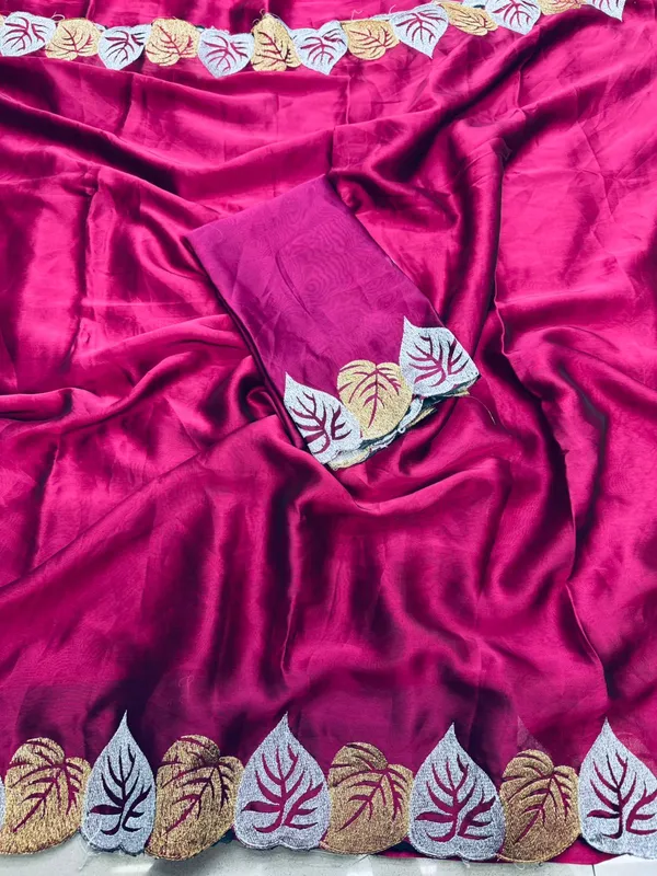 Magenta_Embroidered_Satin_Silk_Saree_With_Leaf_Border_For_Women