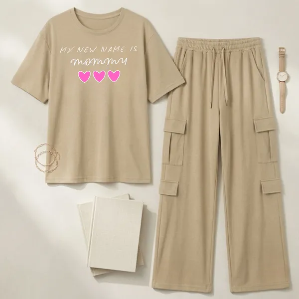 Fasense_Women's_"My_New_Name_Is_Mommy"_Oversized_T-Shirt_and_Cargo_Set_-_Soft_Graphic_Night_Suit