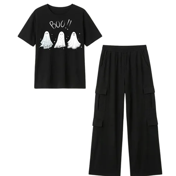 Fasense_Women's_"BOO!!"_Ghost_Print_Oversized_T-Shirt_and_Cargo_Set_-_Soft_Graphic_Night_Suit