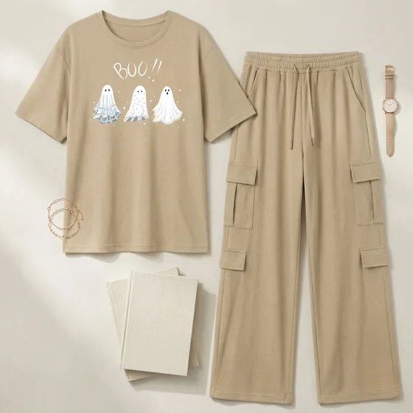 Fasense_Women's_"BOO!!"_Ghost_Print_Oversized_T-Shirt_and_Cargo_Set_-_Soft_Graphic_Night_Suit