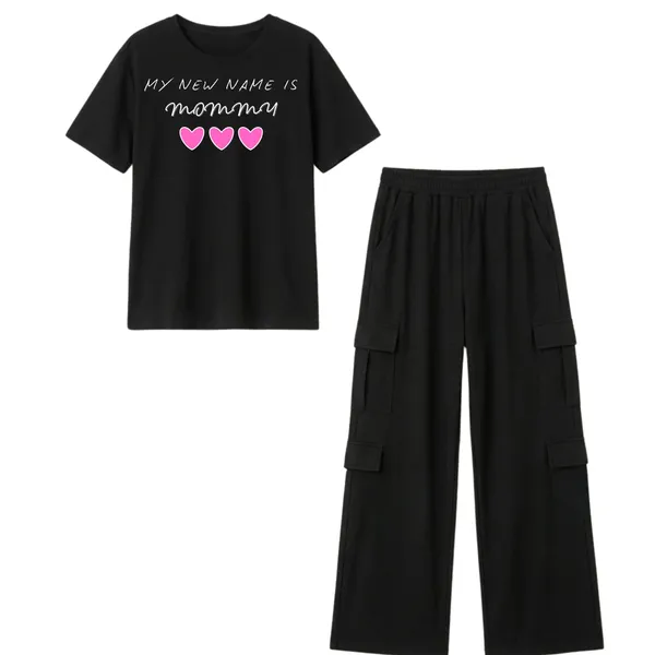 Fasense_Women's_"My_New_Name_Is_Mommy"_Oversized_T-Shirt_and_Cargo_Set_-_Soft_Graphic_Night_Suit