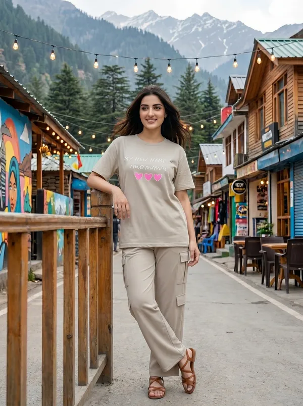 Fasense_Women's_"My_New_Name_Is_Mommy"_Oversized_T-Shirt_and_Cargo_Set_-_Soft_Graphic_Night_Suit