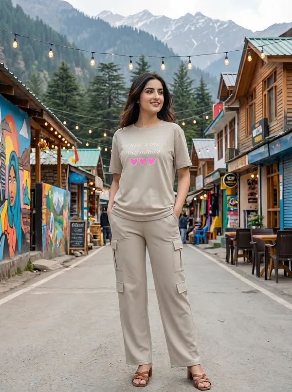 Fasense_Women's_"My_New_Name_Is_Mommy"_Oversized_T-Shirt_and_Cargo_Set_-_Soft_Graphic_Night_Suit