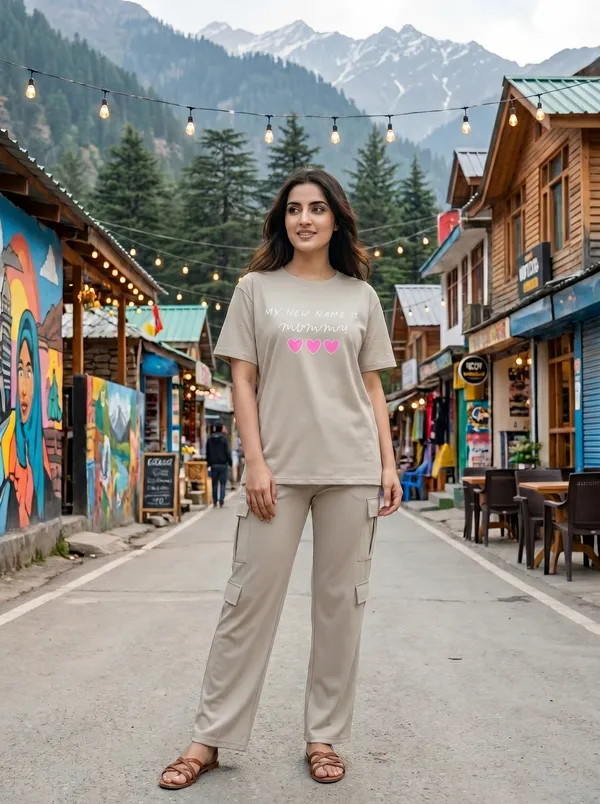 Fasense_Women's_"My_New_Name_Is_Mommy"_Oversized_T-Shirt_and_Cargo_Set_-_Soft_Graphic_Night_Suit