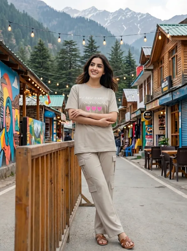 Fasense_Women's_"My_New_Name_Is_Mommy"_Oversized_T-Shirt_and_Cargo_Set_-_Soft_Graphic_Night_Suit