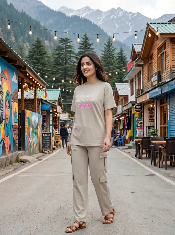 Fasense_Women's_"My_New_Name_Is_Mommy"_Oversized_T-Shirt_and_Cargo_Set_-_Soft_Graphic_Night_Suit