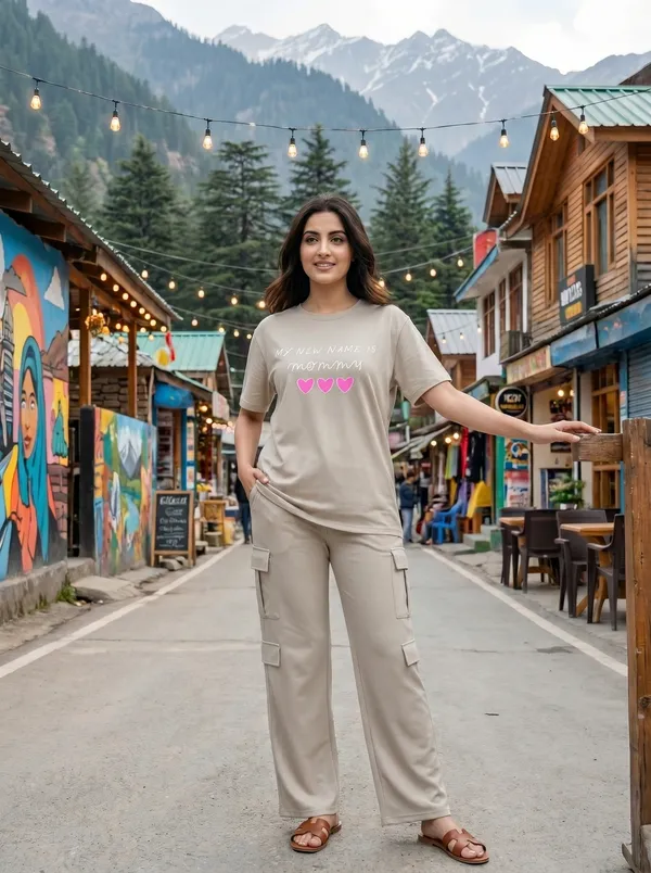 Fasense_Women's_"My_New_Name_Is_Mommy"_Oversized_T-Shirt_and_Cargo_Set_-_Soft_Graphic_Night_Suit