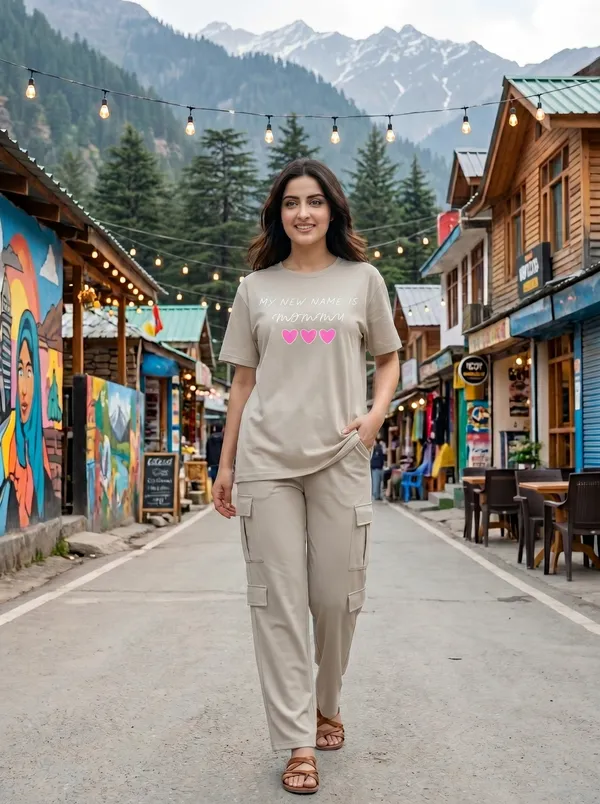 Fasense_Women's_"My_New_Name_Is_Mommy"_Oversized_T-Shirt_and_Cargo_Set_-_Soft_Graphic_Night_Suit