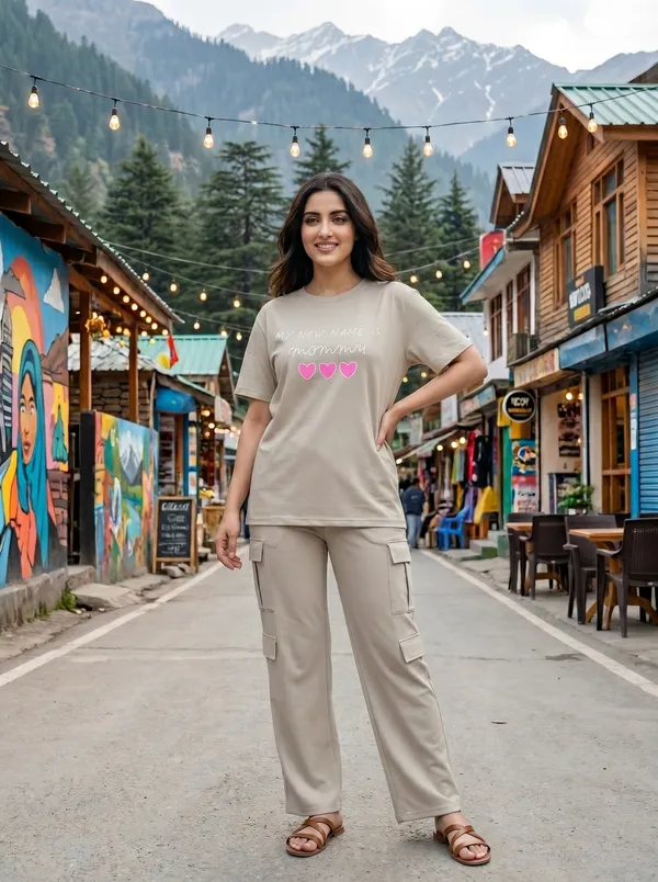 Fasense_Women's_"My_New_Name_Is_Mommy"_Oversized_T-Shirt_and_Cargo_Set_-_Soft_Graphic_Night_Suit