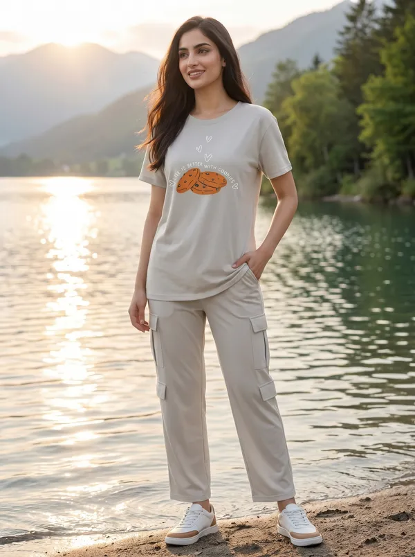 Fasense_Women's_"Cookies"_Tencel_Modal_Lycra_Oversized_Tshirt_and_Cargo_Set_-_Fun_Foodie_Night_Suit