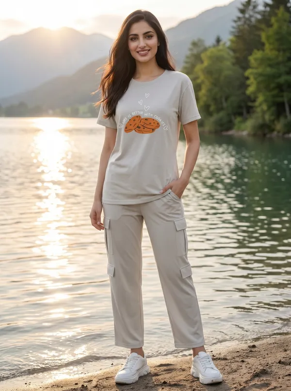 Fasense_Women's_"Cookies"_Tencel_Modal_Lycra_Oversized_Tshirt_and_Cargo_Set_-_Fun_Foodie_Night_Suit