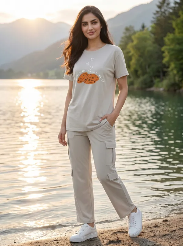 Fasense_Women's_"Cookies"_Tencel_Modal_Lycra_Oversized_Tshirt_and_Cargo_Set_-_Fun_Foodie_Night_Suit