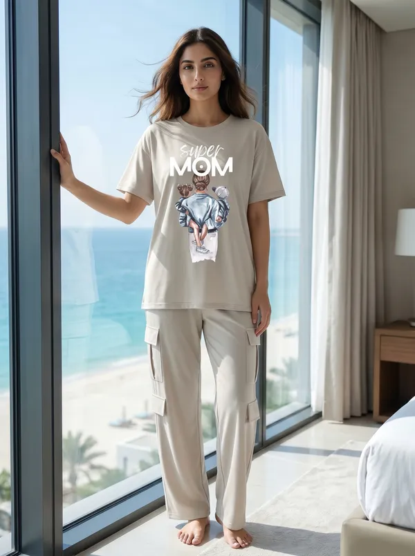 Fasense_Women's_"Super_MOM"_Tencel_Modal_Lycra_Oversized_Tshirt_and_Cargo_Set_-_Super_Soft_Night_Suit