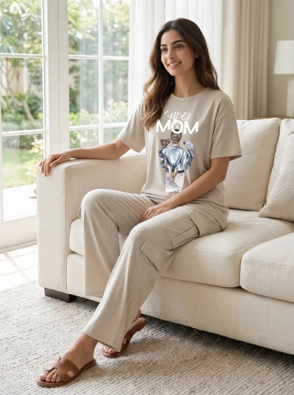 Fasense_Women's_"Super_MOM"_Tencel_Modal_Lycra_Oversized_Tshirt_and_Cargo_Set_-_Super_Soft_Night_Suit