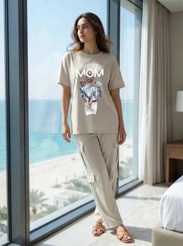 Fasense_Women's_"Super_MOM"_Tencel_Modal_Lycra_Oversized_Tshirt_and_Cargo_Set_-_Super_Soft_Night_Suit