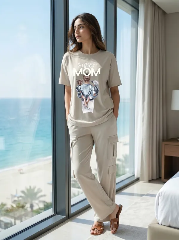 Fasense_Women's_"Super_MOM"_Tencel_Modal_Lycra_Oversized_Tshirt_and_Cargo_Set_-_Super_Soft_Night_Suit