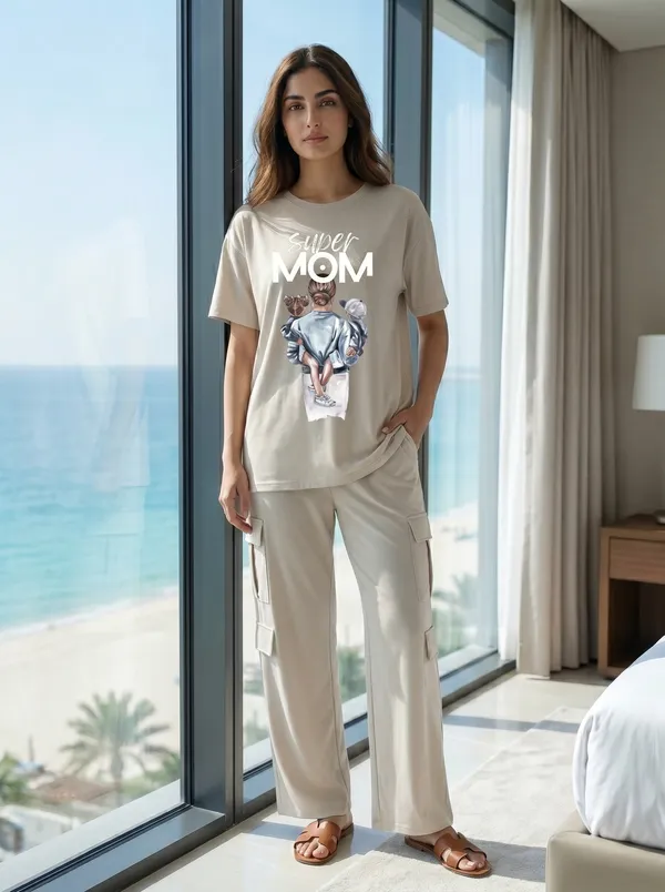 Fasense_Women's_"Super_MOM"_Tencel_Modal_Lycra_Oversized_Tshirt_and_Cargo_Set_-_Super_Soft_Night_Suit