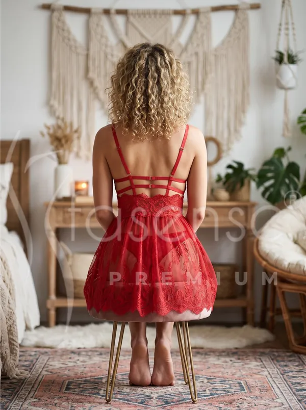 Criss-Cross_Strap_Bralette_&_Mini_Skirt,_Sensual_Red_Sheer_Lace_Babydoll_Dress