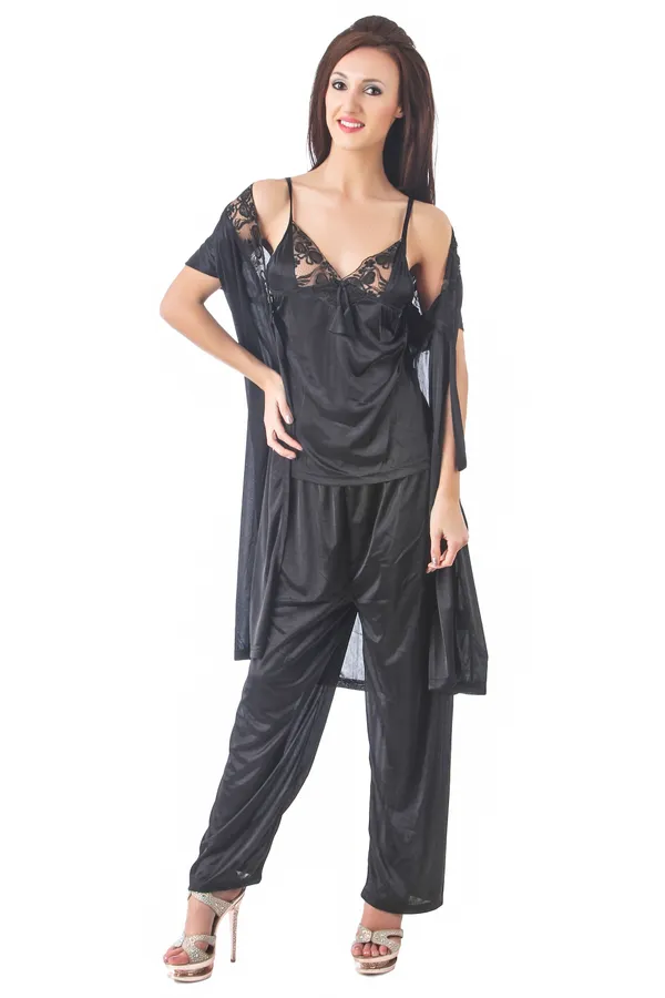3-Piece_Black_Satin_Sleepwear_Set_-_Lace_Trim_Camisole_Top,_Full_Length_Pyjamas,_and_Matching_Tie-Front_Robe
