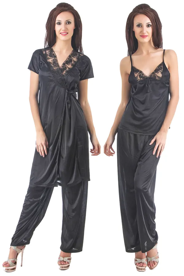 3-Piece_Black_Satin_Sleepwear_Set_-_Lace_Trim_Camisole_Top,_Full_Length_Pyjamas,_and_Matching_Tie-Front_Robe