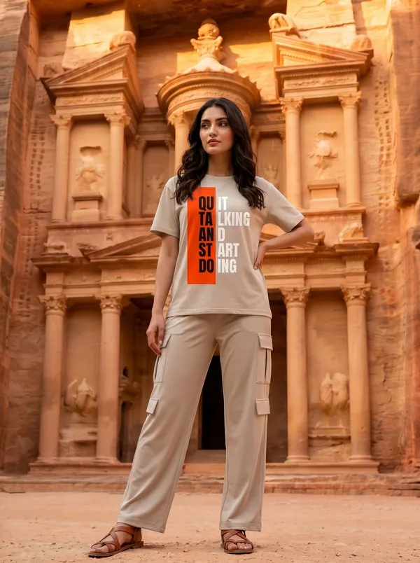 Fasense_Women's_"Start_Doing"_Tencel_Modal_Lycra_Oversized_Tshirt_and_Cargo_Set_-_Motivational_Night_Suit