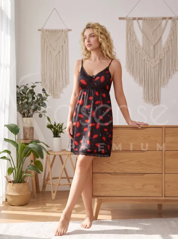 Elegant_Hot_Black_Satin_Babydoll_Nighty_Dress_with_V-Neck_Floral_Lace_Trim_&_Bow_Accent