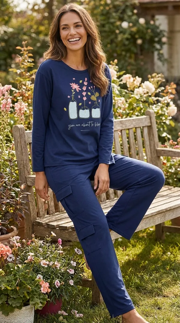 Fasense_Women's_Navy_Blue_Tencel_"You_Are_About_To_Bloom"_Night_Suit_-_Oversized_Full_Sleeve_Top_And_Cargo_Pyjama_Set_-_Soft_Premium_Loungewear