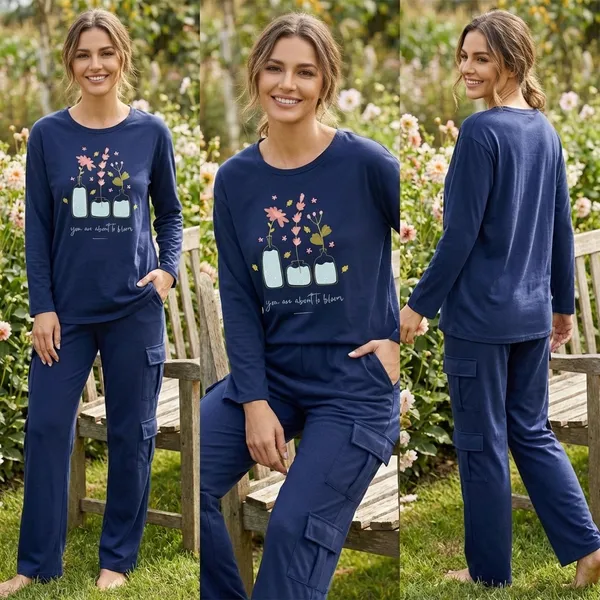Fasense_Women's_Navy_Blue_Tencel_"You_Are_About_To_Bloom"_Night_Suit_-_Oversized_Full_Sleeve_Top_And_Cargo_Pyjama_Set_-_Soft_Premium_Loungewear