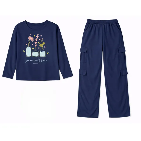Fasense_Women's_Navy_Blue_Tencel_"You_Are_About_To_Bloom"_Night_Suit_-_Oversized_Full_Sleeve_Top_And_Cargo_Pyjama_Set_-_Soft_Premium_Loungewear