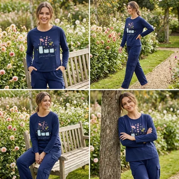 Fasense_Women's_Navy_Blue_Tencel_"You_Are_About_To_Bloom"_Night_Suit_-_Oversized_Full_Sleeve_Top_And_Cargo_Pyjama_Set_-_Soft_Premium_Loungewear