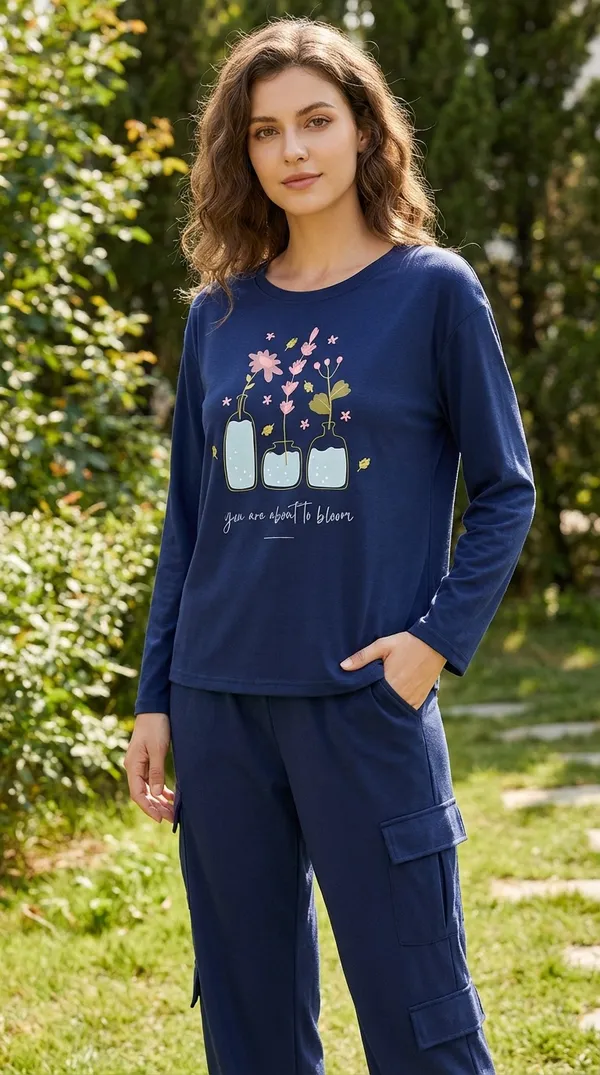 Fasense_Women's_Navy_Blue_Tencel_"You_Are_About_To_Bloom"_Night_Suit_-_Oversized_Full_Sleeve_Top_And_Cargo_Pyjama_Set_-_Soft_Premium_Loungewear