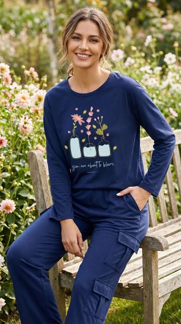 Fasense_Women's_Navy_Blue_Tencel_"You_Are_About_To_Bloom"_Night_Suit_-_Oversized_Full_Sleeve_Top_And_Cargo_Pyjama_Set_-_Soft_Premium_Loungewear