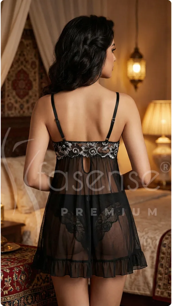 Fasense_Black_White_Lace_Front-Open_Bridal_Babydoll_for_Women_-_Sheer_Ruffle_Trim_Honeymoon_Nightwear_(Powernet)
