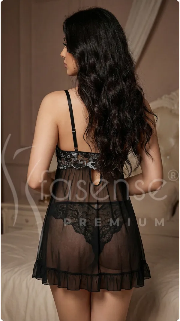 Fasense_Black_White_Lace_Front-Open_Bridal_Babydoll_for_Women_-_Sheer_Ruffle_Trim_Honeymoon_Nightwear_(Powernet)
