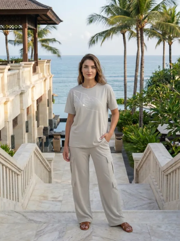 Fasense_Women's_"Hand-Holding"_Tencel_Modal_Lycra_Oversized_Tshirt_and_Cargo_Set_-_Romantic_Minimalist_Night_Suit