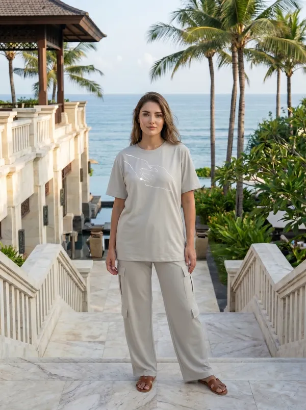 Fasense_Women's_"Hand-Holding"_Tencel_Modal_Lycra_Oversized_Tshirt_and_Cargo_Set_-_Romantic_Minimalist_Night_Suit