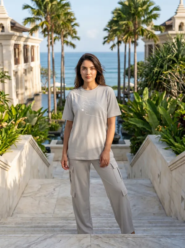 Fasense_Women's_"Hand-Holding"_Tencel_Modal_Lycra_Oversized_Tshirt_and_Cargo_Set_-_Romantic_Minimalist_Night_Suit