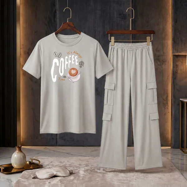 Fasense_Women's_"It's_Always_Coffee_Time"_Tencel_Modal_Lycra_Oversized_Tshirt_and_Cargo_Set_-_Coffee_Lover's_Night_Suit