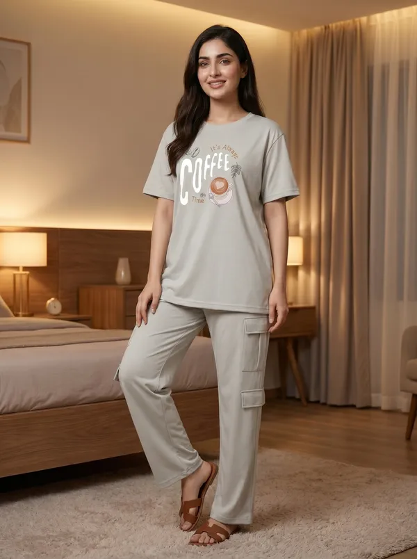 Fasense_Women's_"It's_Always_Coffee_Time"_Tencel_Modal_Lycra_Oversized_Tshirt_and_Cargo_Set_-_Coffee_Lover's_Night_Suit