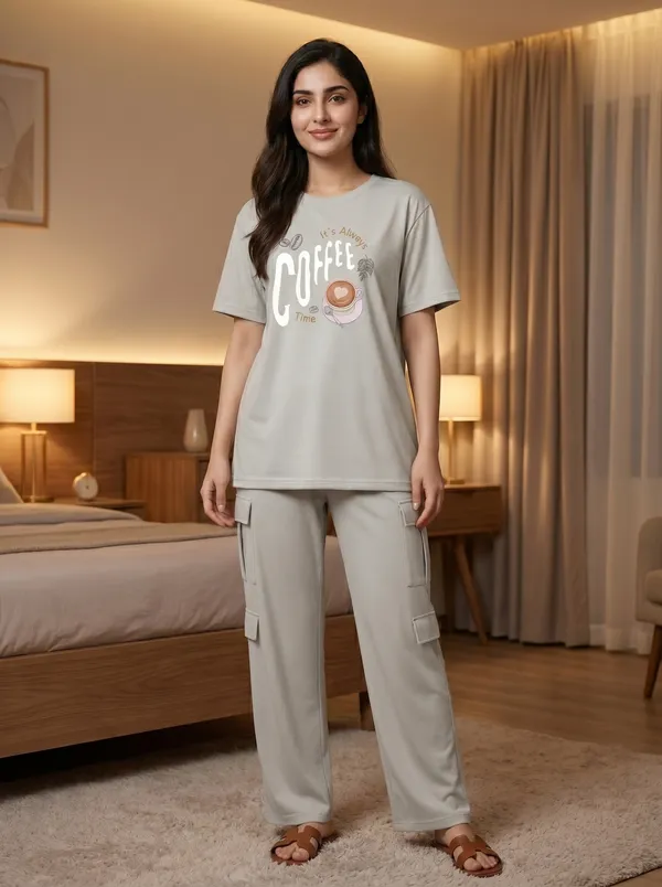 Fasense_Women's_"It's_Always_Coffee_Time"_Tencel_Modal_Lycra_Oversized_Tshirt_and_Cargo_Set_-_Coffee_Lover's_Night_Suit
