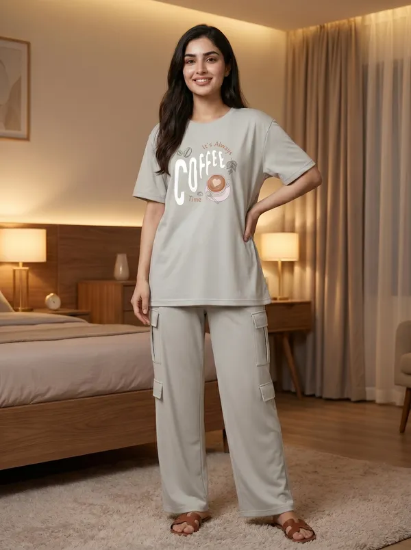 Fasense_Women's_"It's_Always_Coffee_Time"_Tencel_Modal_Lycra_Oversized_Tshirt_and_Cargo_Set_-_Coffee_Lover's_Night_Suit
