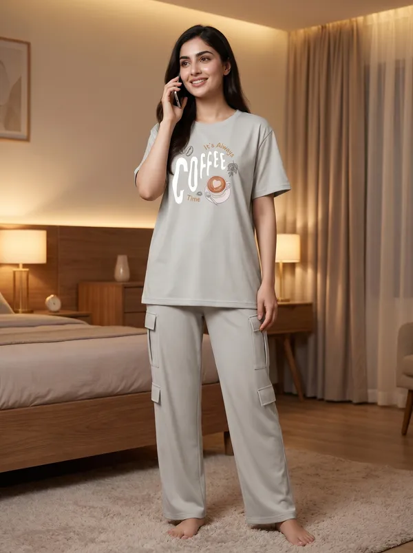 Fasense_Women's_"It's_Always_Coffee_Time"_Tencel_Modal_Lycra_Oversized_Tshirt_and_Cargo_Set_-_Coffee_Lover's_Night_Suit