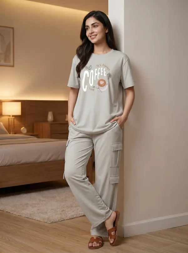 Fasense_Women's_"It's_Always_Coffee_Time"_Tencel_Modal_Lycra_Oversized_Tshirt_and_Cargo_Set_-_Coffee_Lover's_Night_Suit