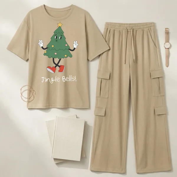 Fasense_Women's_"Jingle_Bells!"_Christmas_Tree_Print_Oversized_T-Shirt_and_Cargo_Set_-_Soft_Graphic_Night_Suit