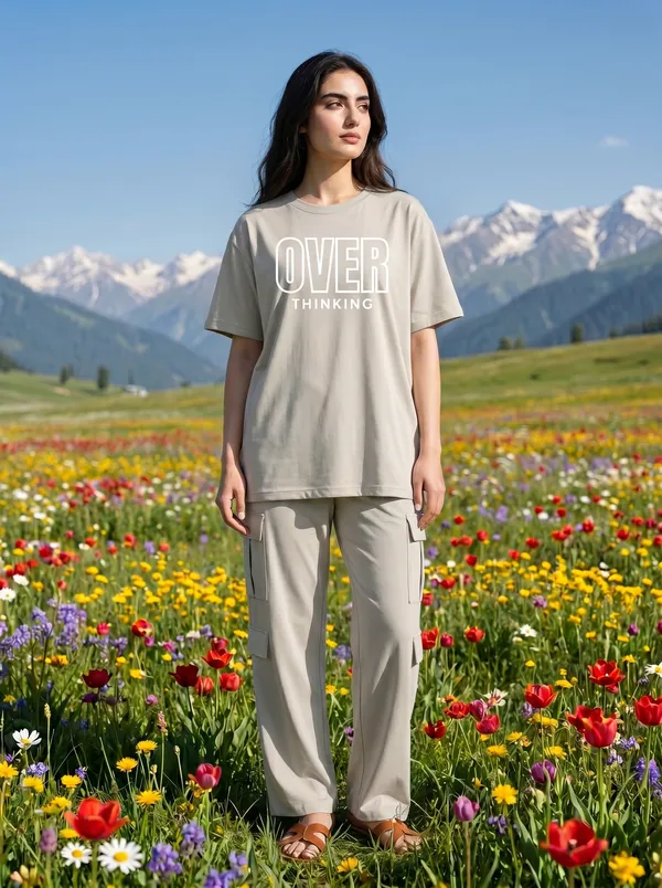 Fasense_Women's_"Over_Thinking"_Tencel_Modal_Lycra_Oversized_Tshirt_and_Cargo_Set_-_Fun_Graphic_Night_Suit