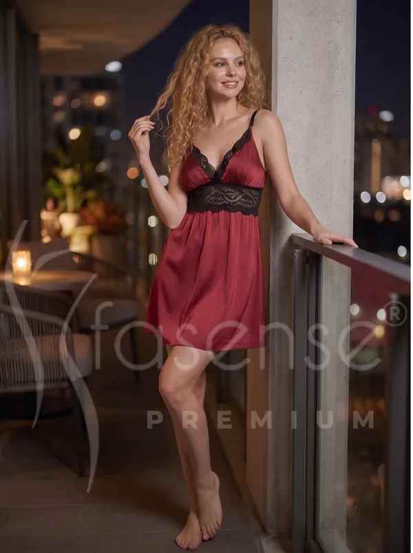 Seductive_Maroon_Satin_Babydoll_Nighty_with_Contrast_Black_Lace_Waistband_&_Sheer_Lace_Back