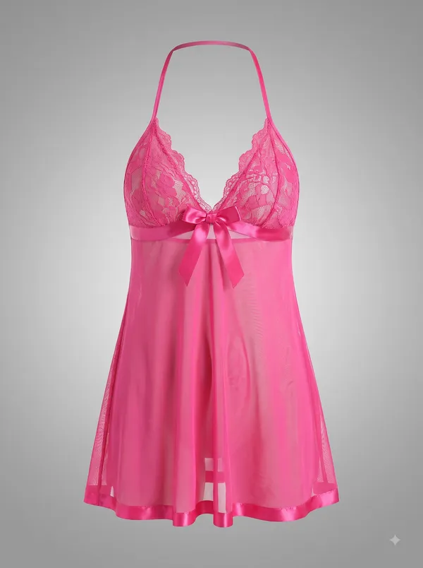 Seductive_Rose_Pink_Sheer_Mesh_Halter_Babydoll_Lingerie_Set_-Lace_Triangle_Cups,_Satin_Satin_Bow_&_Backless_Nighty